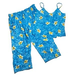 Jams World 2 pc Set Tank Top And Cropped‎ Pants Sz XS/S Blue Tropical VTG USA